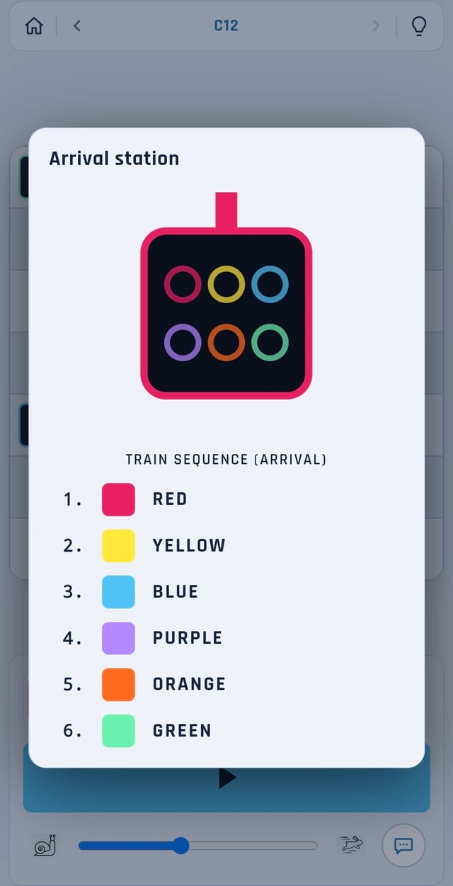 DotTracks arrival station panel — the required train color sequence for level C12.