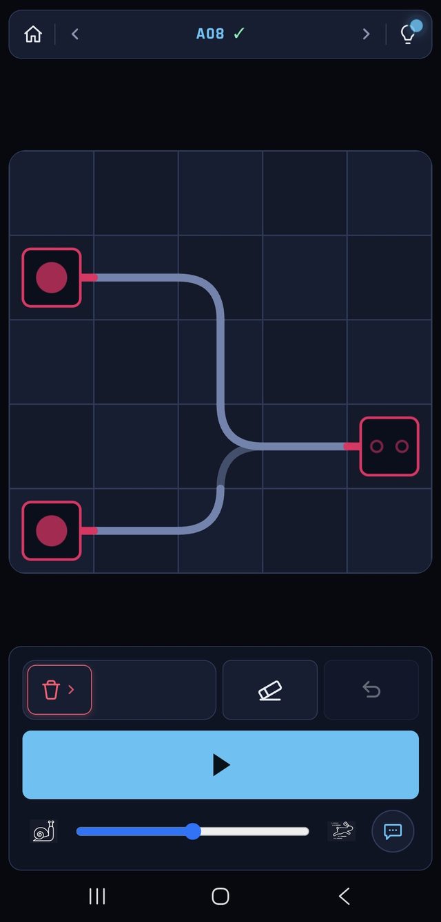 DotTracks level A08 — two red trains routed home with curved tracks.