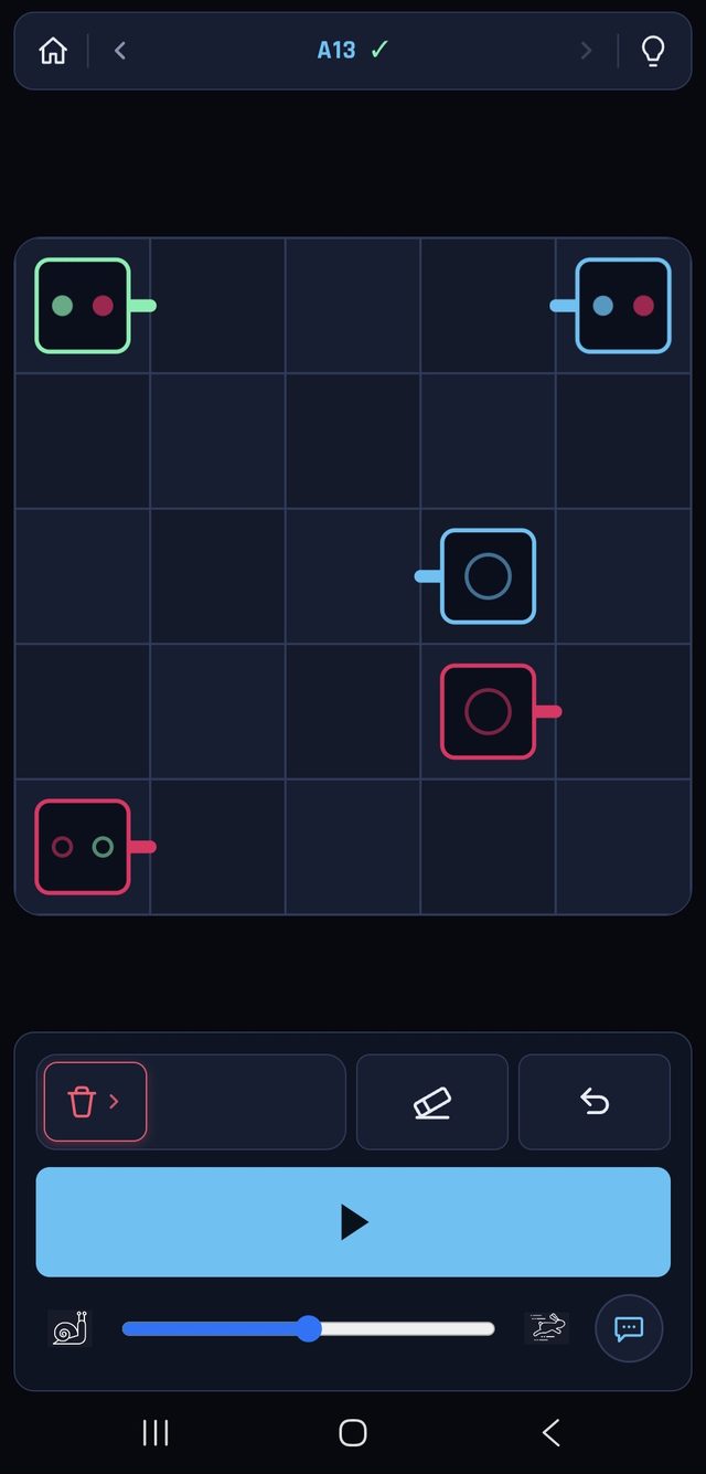 DotTracks level A13 — multiple colored stations on a 5×5 grid.