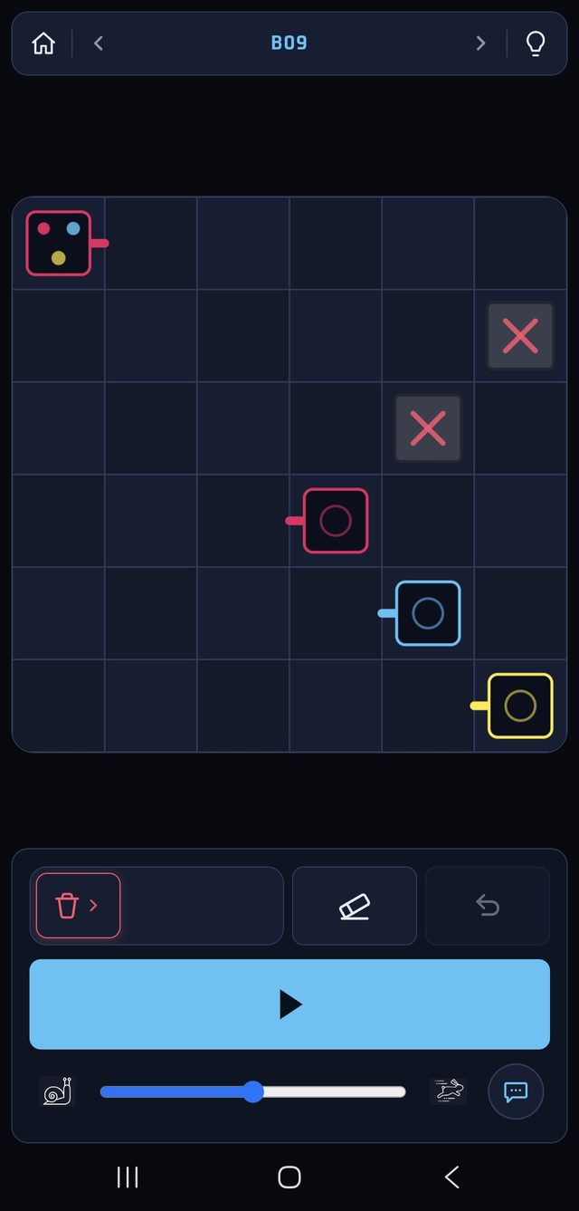 DotTracks level B09 — a multi-color station with blocked cells to avoid.