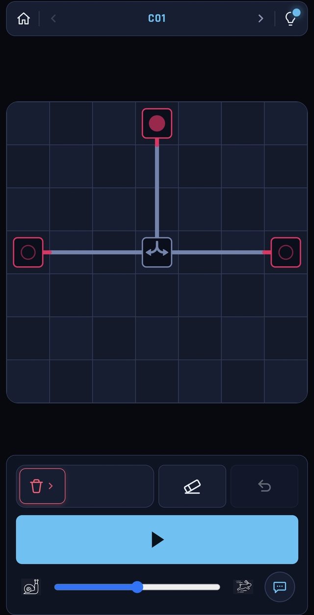 DotTracks level C01 — a splitter routing one red train to two stations.