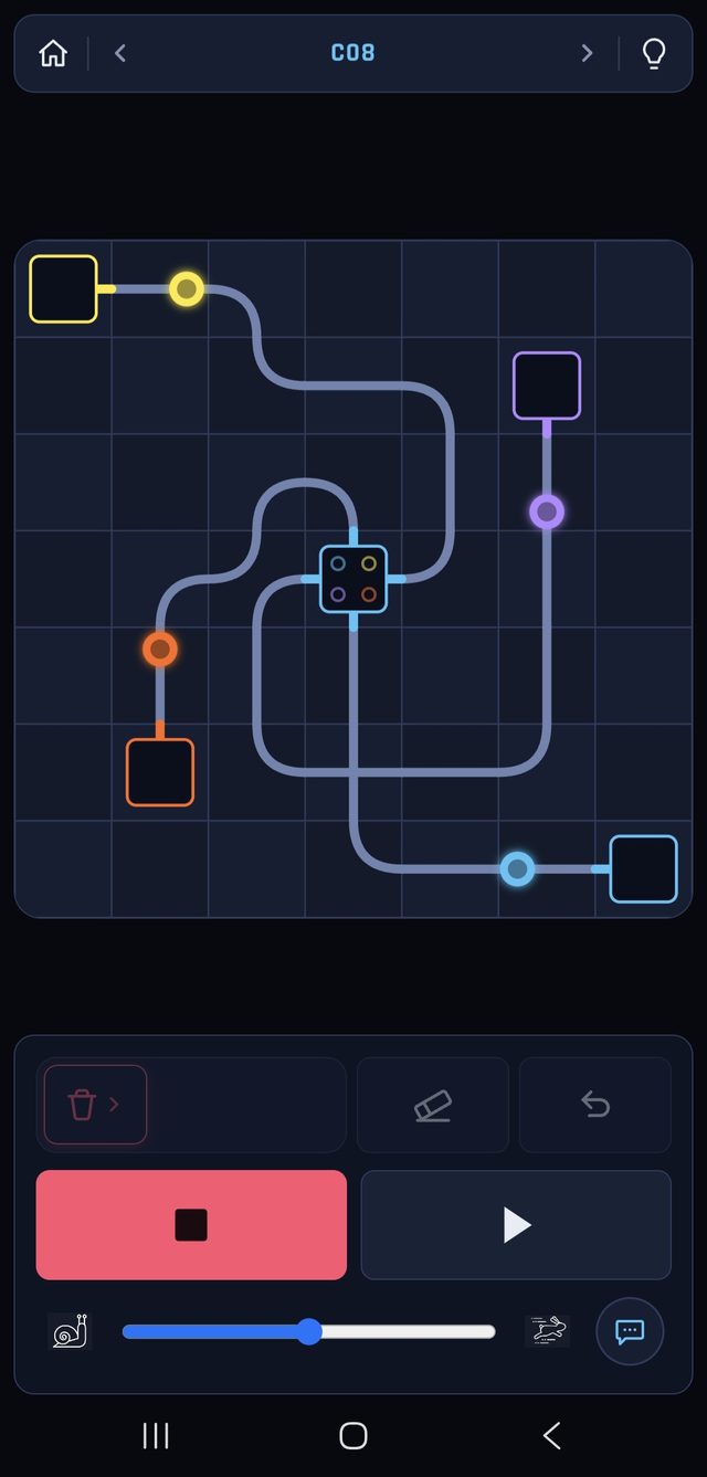 DotTracks level C08 — a color-mixing puzzle with crossing tracks.